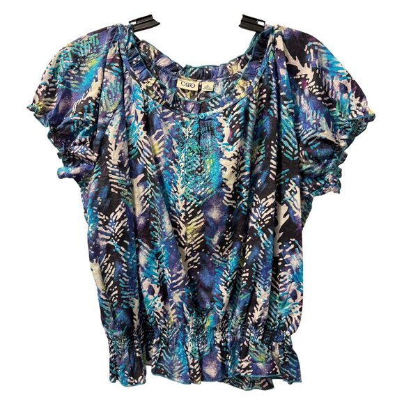 Cato Womens Multicolor Abstract Print Short Sleeve Blouse XL 100% Cotton Ruched - Picture 1 of 11